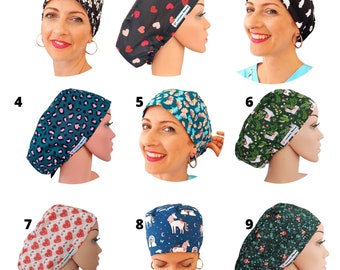 45 Scrub Caps für Frauen, chirurgische Kappen, Satin gefüttert, Scrub Hats Euro, Krankenschwester Kappe, Zahnkappe, personalisierter Name ist optional und extra.