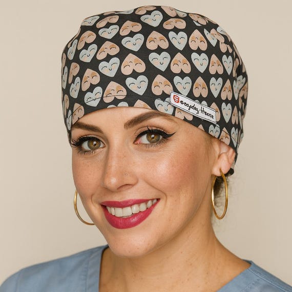 Women's & Men's Working Cap With Sweatband - Adjustable Bouffant Hat For Chef, Nurse, Spa - Black & Red Hearts