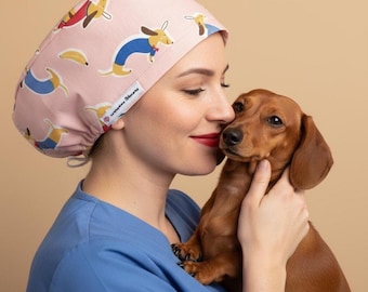 Custom Dachshund Vet Scrub Cap Weenie Dog Satin Scrub Hat Euro Sausage Doxie Pink Scrub Caps For Women For Animals Surgeon Nurse.