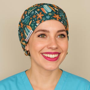 Scrub Cap Hawaii Surgical Scrub Hat Satin Lined Surf Board Aloha Euro Scrub Cap Nurse Custom Name Embroidery Personalized With Buttons