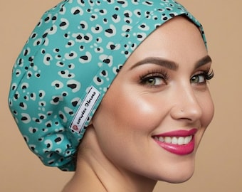 Light Blue Leopard Scrub Cap Satin Custom Name Blue Scrub Caps For Women Scrub Hat Euro Surgical Nurse  OR Cap with Buttons Anatomy Cap Vet.