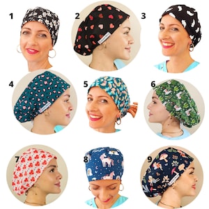 45 Scrub Caps für Frauen, chirurgische Kappen, Satin gefüttert, Scrub Hats Euro, Krankenschwester Kappe, Zahnkappe, personalisierter Name ist optional und extra.