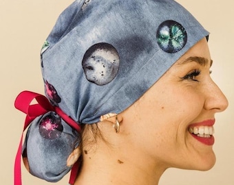 Planets Scrub Caps For Women Universe Constellation Ponytail Scrub Hat Celestial Surgical Cap Satin Lined Custom Nurse Gifts Doctor