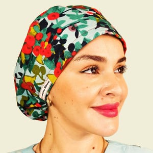 Red Flower Scrub Cap Satin Floral Surgical Cap Women Custom Nurse Scrub Caps Euro OR Cap Adjustable Long Hair Scrub Hats Anatomy