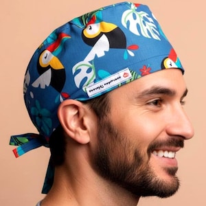 Gorro quirúrgico para hombre, gorro quirúrgico con diseño de tucán tropical y botones, gorro quirúrgico personalizado con nombre, regalo personalizado para médicos, gorro quirúrgico para hospital y dentista, veterinario.