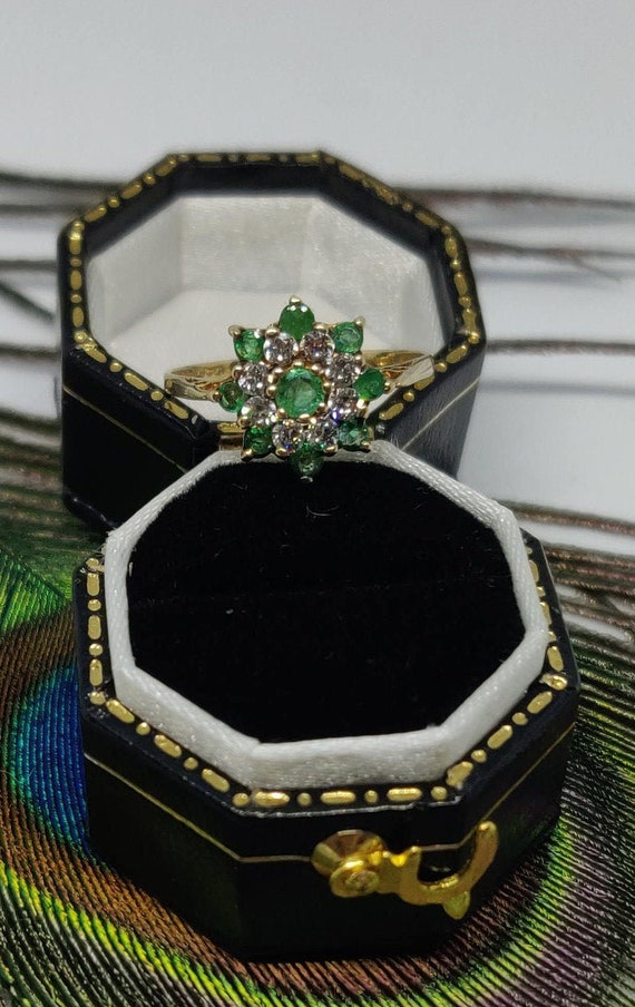 Emerald and cz cluster ring. sparkly Emerald state