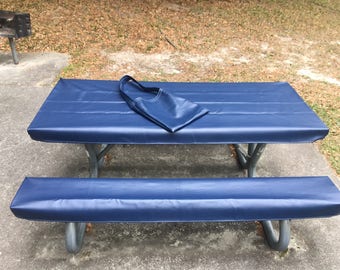 Table Glove Fitted Marine Grade Vinyl Picnic Tablecloth Sets -Picnic Table Cloth Cover - Navy Blue