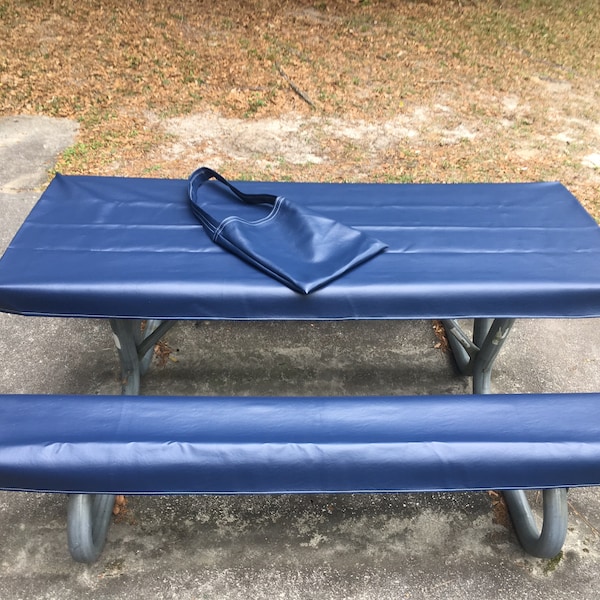 Table Glove Fitted Marine Grade Vinyl Picnic Tablecloth Sets -Picnic Table Cloth Cover - Navy Blue