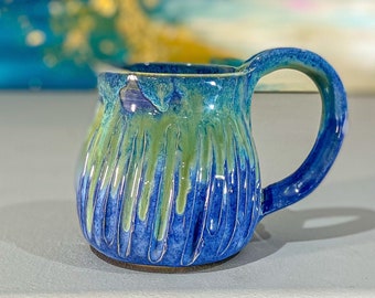 12 oz. Blue and Green Drippy Carved Handmade Mug