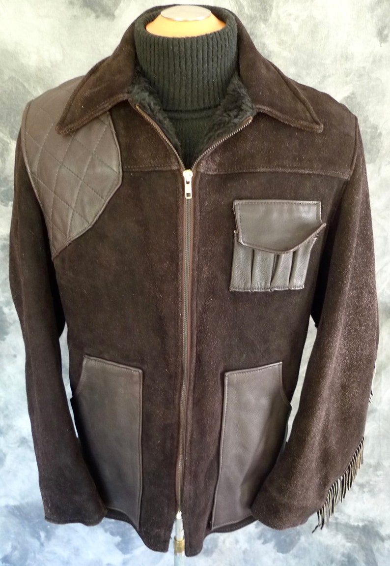 Rare Men S Fringed Suede Leather Hunting Jacket Coat Uber Owatonna Faux Shearling Sherpa Lined Fringe Shooting Usa
