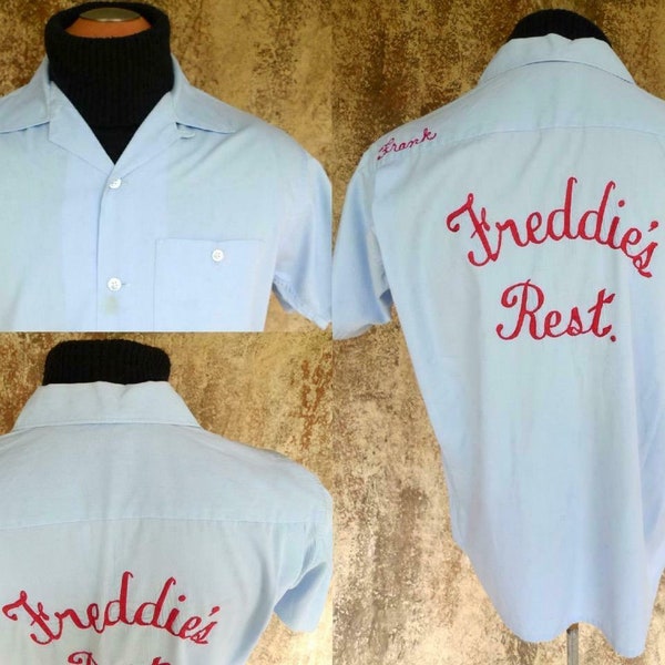 Vintage BOWLiNG SHiRT OLYMPiAN "FREDDIE'S REST" Chain Stitched Blue BOWLiNG SHiRT Jersey Freddie's Restaurant ViNTAGE 50s Diner BiG LEBOWSKi