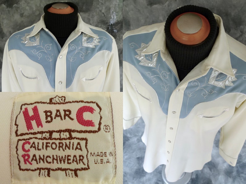 MEN/'s Vintage H BAR C WEStERN COWBOY TExAS Embroidered PEARl SNAPs BlUE Mens SHiRT