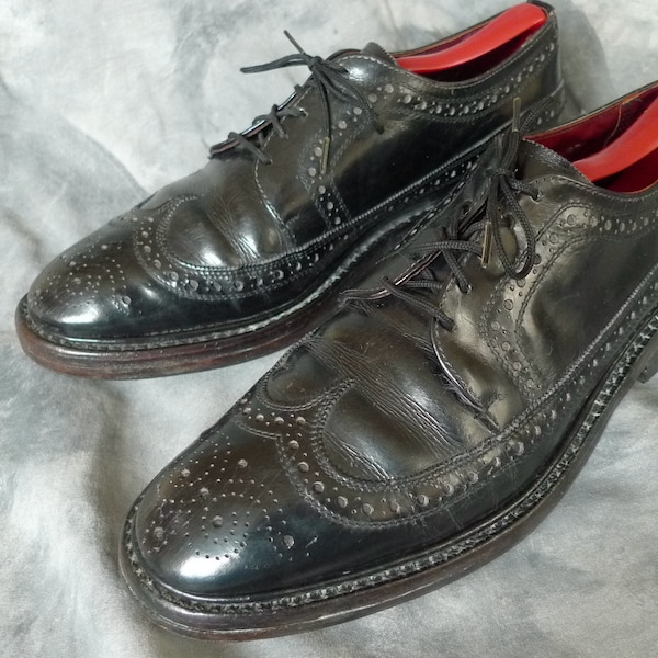 MENS Vintage FLORSHEiM ROYAL IMPERiAL Gunboats BLACK Leather Long Wing Tip Shoes 8 INCREDiBLE QUALiTY HEiRLOOM Shoes!