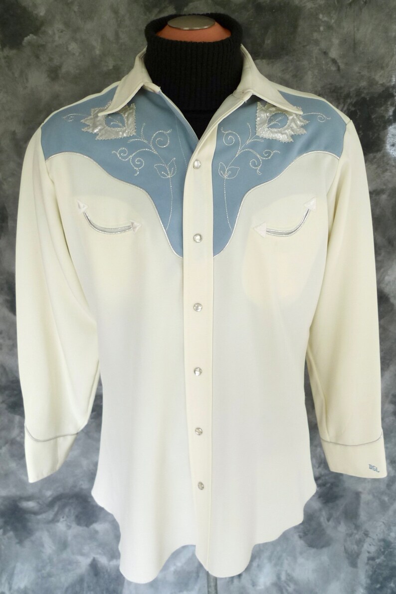 MEN/'s Vintage H BAR C WEStERN COWBOY TExAS Embroidered PEARl SNAPs BlUE Mens SHiRT
