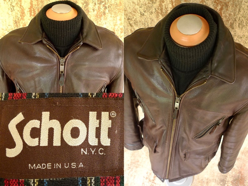 Superb Vintage Schott Nyc Brown Leather Motorcycle Mariner Coat Jacket Sz 42