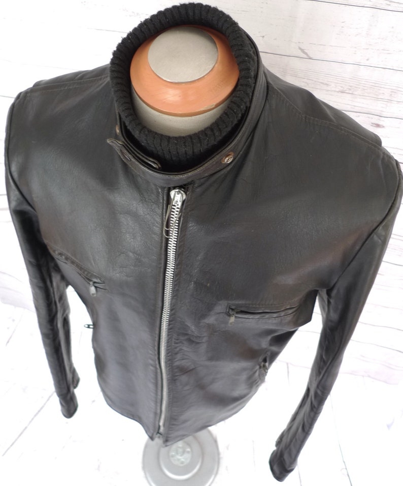 Large Size British Cycle Leathers Vintage Cafe Racer Leather Motorcycle Jacket Black