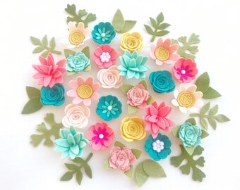 Aqua and Pink Handmade Flower Set ~ Felt Flowers ~ Wreaths ~ Wooden Decor