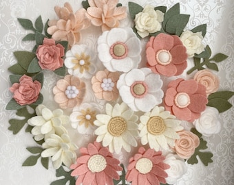 felt flowers / BLUSH LACE / Handmade room decor / ready to craft with / loose / baby nursery / cream gold pink / daisies roses pansies