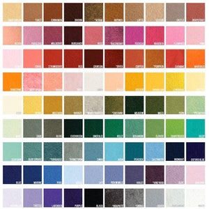 K&ouml;nnte beinhalten: Eine Farbkarte mit 100 verschiedenen Farbt&ouml;nen, angeordnet in Reihen und Spalten. Jede Farbe ist mit einem Namen versehen, z. B. "Seafoam", "Tangerine" und "Emerald".