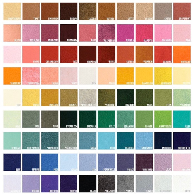 K&ouml;nnte beinhalten: Eine Farbkarte mit 100 verschiedenen Farbt&ouml;nen, angeordnet in Reihen und Spalten. Jede Farbe ist mit einem Namen versehen, z. B. "Seafoam", "Tangerine" und "Emerald".