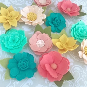 Large Loose felt flowers / BRIGHT FRUITY / kids room decor / ready to craft / nursery / coral aqua mustard / daisies roses dahlias