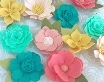 Large Loose felt flowers / BRIGHT FRUITY / kids room decor / ready to craft / nursery / coral aqua mustard / daisies roses dahlias
