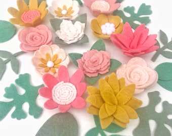 Loose felt flowers / BOHO BRIGHT / kids room decor / ready to craft / planner / coral blush gold / daisies roses pansies / fresh garden