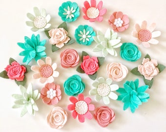 loose felt flowers / coral aqua mint blush / diy headband / baby shower activity / roses daises / nursery decor / kids room