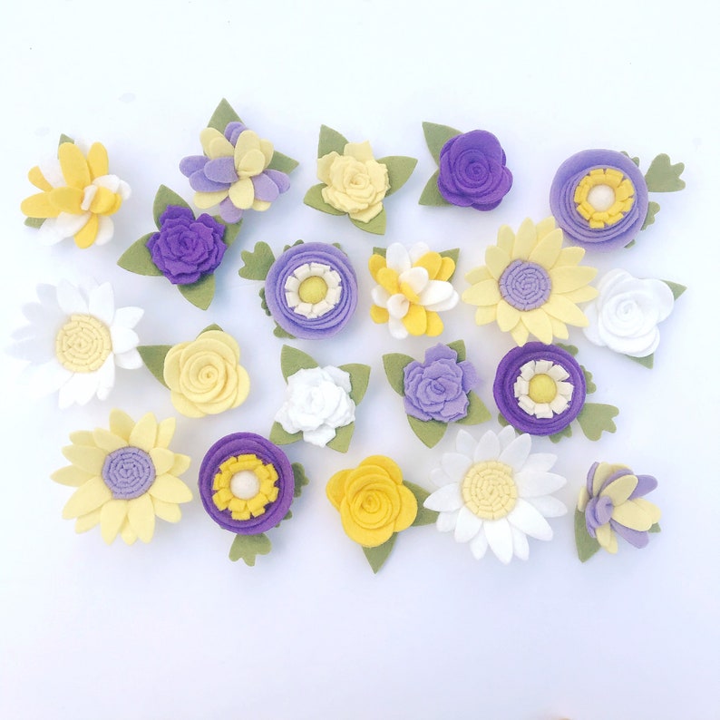 PURPLE SPRING felt flowers loose diy craft lavender white yellow daisy rose ready to use headband mobile cake signs wreath