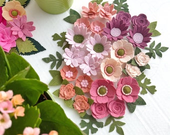 felt flowers / LUAU DANCE / Handmade decor / ready to craft with / loose / boho party / pink green /  Hawaiian theme