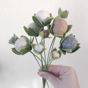 May include: A bouquet of felt flowers with green leaves and white, brown, and gray felt balls.