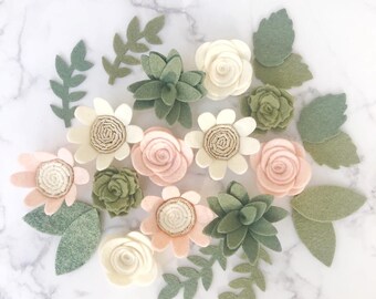 Felt succulents flowers / BLUSH LUXE / gold green cream / ready to craft / nursery mobile / baby headband party / rose posey / handmade