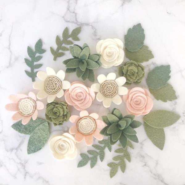 Felt succulents flowers / BLUSH LUXE / gold green cream / ready to craft / nursery mobile / baby headband party / rose posey / handmade