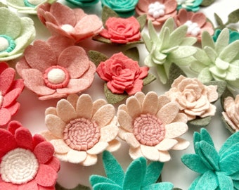 loose felt flowers / coral aqua mint blush / diy headband / baby shower activity / roses daises / nursery decor / kids room
