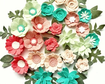 loose felt flowers / coral aqua mint blush / diy headband / baby shower activity / roses daises / nursery decor / kids room