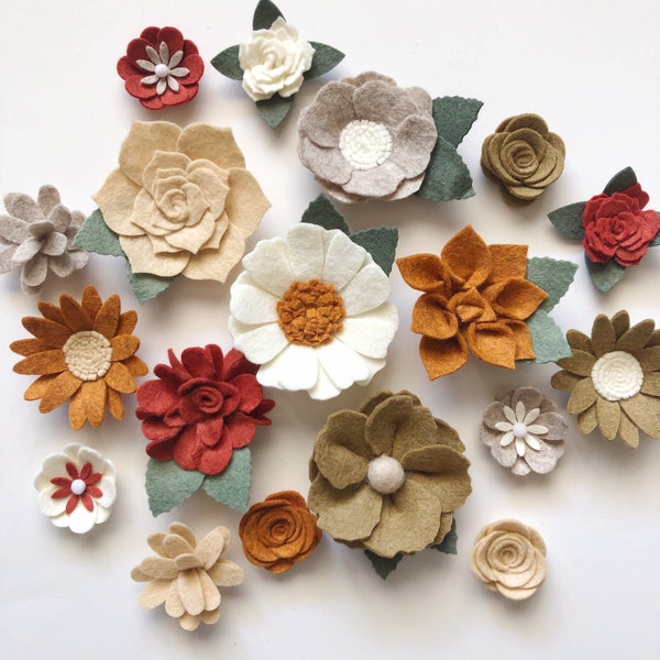 Loose felt flowers / WOODLAND / party decor / ready to use / neutral baby nursery / bronze copper cream / daisies roses dahlias