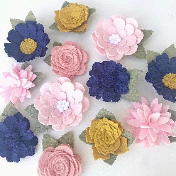 Large Loose felt flowers / RIFLE PAPER inspired / kids room decor / ready to craft / nursery / berry blue mustard / daisies roses dahlias