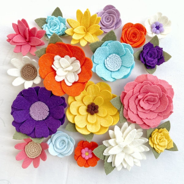 Small & Large Loose felt flowers / BOHO BRIGHT / coral orange purple / ready to craft / nursery / home decor / daisies roses pansies /