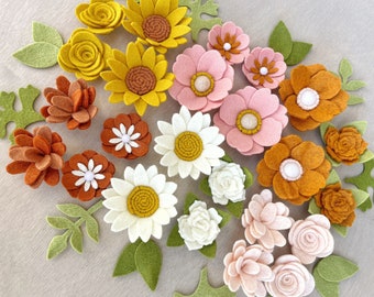 felt flowers / woodland BLUSH / Handmade room decor / ready to craft with / loose / boho nursery / pumpkin gold pink / daisies roses pansies