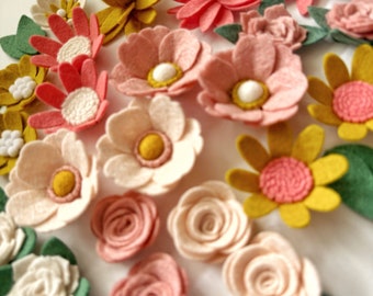 Loose felt flowers / BOHO BRIGHT / kids room decor / ready to craft / planner / coral blush gold / daisies roses pansies / fresh garden