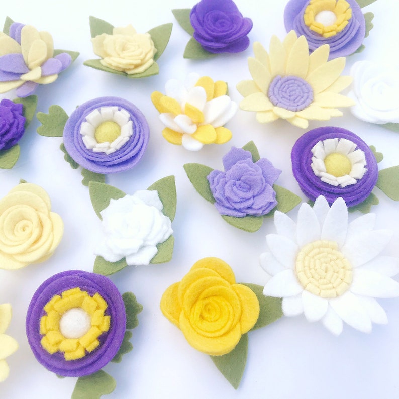 PURPLE SPRING felt flowers loose diy craft lavender white yellow daisy rose ready to use headband mobile cake signs wreath