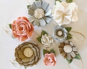 FARMHOUSE Flower ORNAMENTS blush cream gray taupe roses hydrangea daisy handmade flowers twine wool set of 50