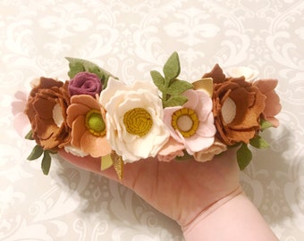 Woodland Felt flower crown / felt roses / nylon headband / neutral / blush copper / photo prop / family pictures / felt florals / custom