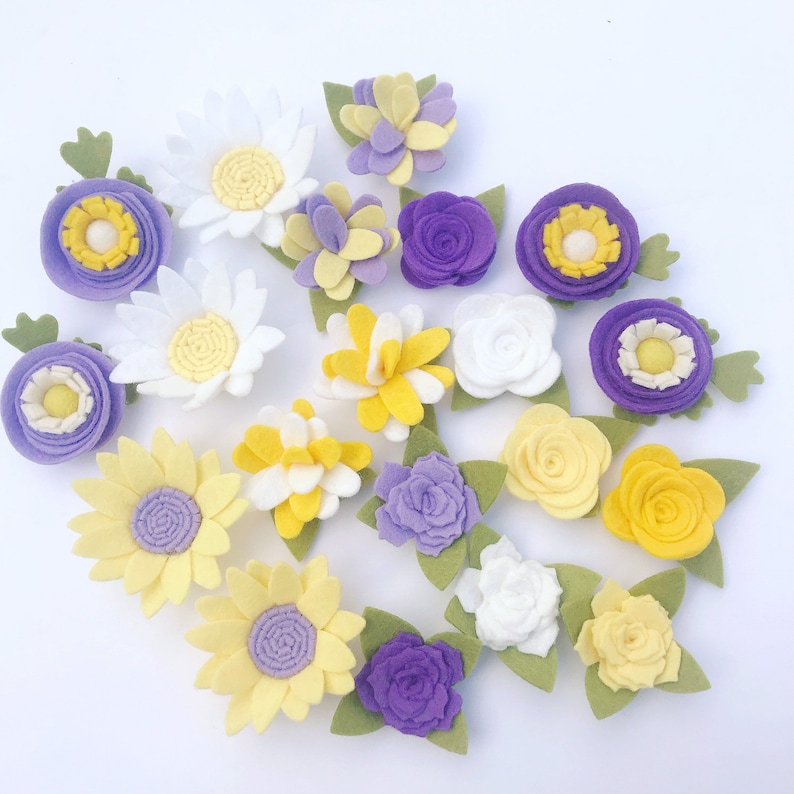 PURPLE SPRING felt flowers loose diy craft lavender white yellow daisy rose ready to use headband mobile cake signs wreath
