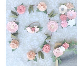 blush flowers / first BIRTHDAY PACK / felt flower headband / floral sign SWAG / high chair or table garland / cake flowers / handmade by me