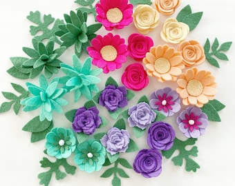 Handmade Felt flowers / JUNGLE JEWEL / green purple pink / wool felt / letterboard decor / party / diy headband / tiered tray / ready to use
