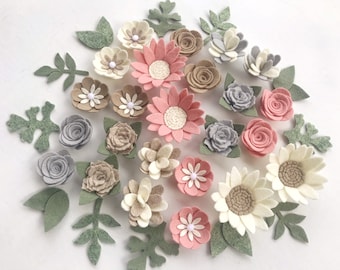 Blush felt flowers / LULLABY DREAMS / ready to craft / nursery sign decor / diy headband / daisy mums roses / cream silver taupe / Handmade