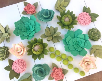 Handmade Felt Succulent Set, Blush Flowers, Vertical Garden Decor