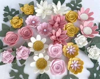 Wool felt flowers / WARM BLUSH / ready to use / nursery sign decor / diy headband / daisy mums roses / cream warm yellow pink / Handmade