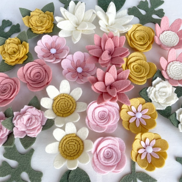 Wool felt flowers / WARM BLUSH / ready to use / nursery sign decor / diy headband / daisy mums roses / cream warm yellow pink / Handmade